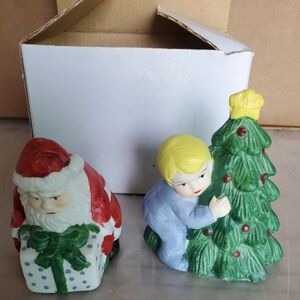 Vintage Santa and Child with Christmas Tree Salt And Pepper Shakers